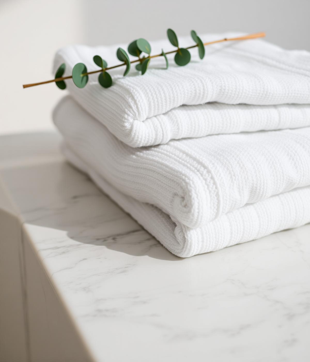 Folded white towels with eucalyptus